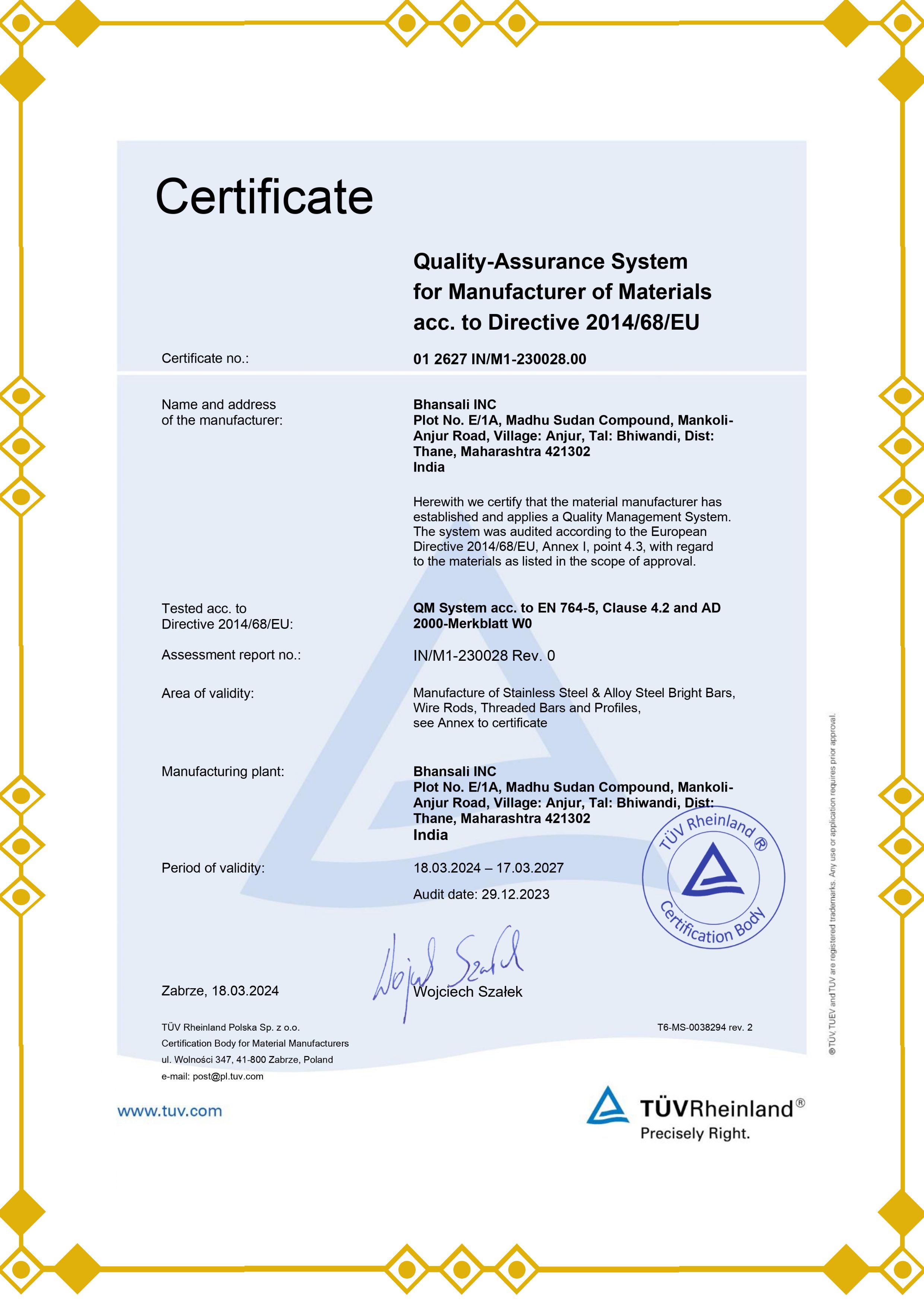 Bhansali Inc PED Certificate